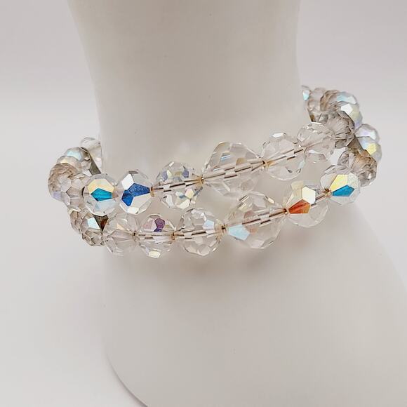 Vintage 1950s Clear Aurora Borealis Crystal Two Strand Bracelet – 6 3/4 Inches - Picture 1 of 13
